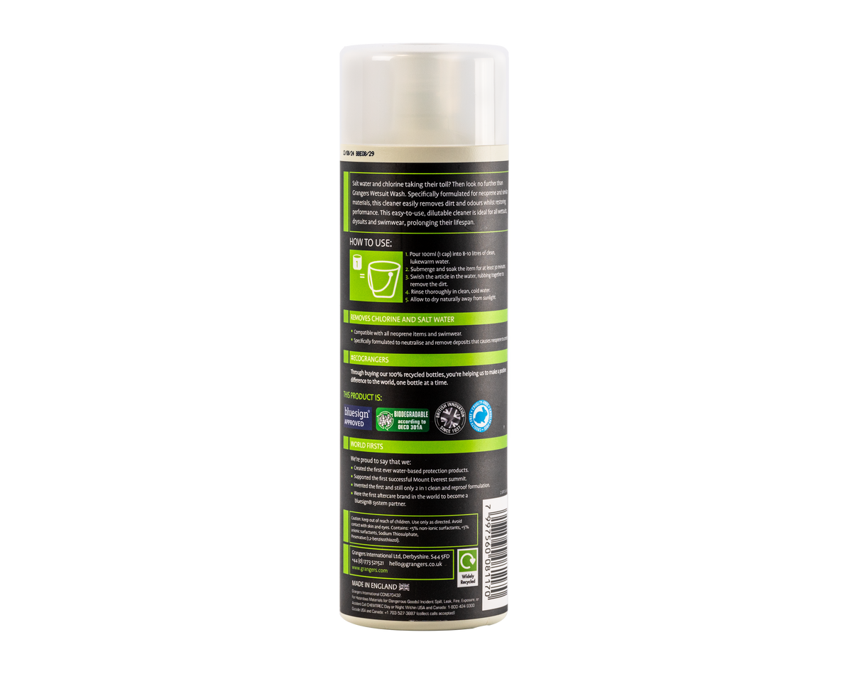 Achterkant van de Grangers Wetsuit Wash 500 ml fles
